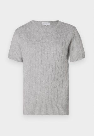 Light gray short-sleeve sweater featuring a textured cable knit design, ribbed collar and hem, and a classic fit. Label reads "DAVIDA."
