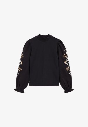 Top negro con escote fruncido, mangas largas abullonadas y bordado decorativo geométrico en oro y blanco en las mangas. Material de algodón.