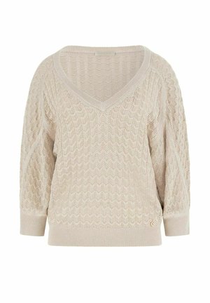 Beige gebreide trui met V-hals, textuur in chevronpatroon, lange pofmouwen en geribbelde manchetten en zoom.