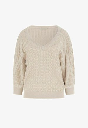 Beiger Strickpullover mit V-Ausschnitt, strukturiertem Chevron-Muster, langen Puffärmeln sowie gerippten Bündchen und Saum.