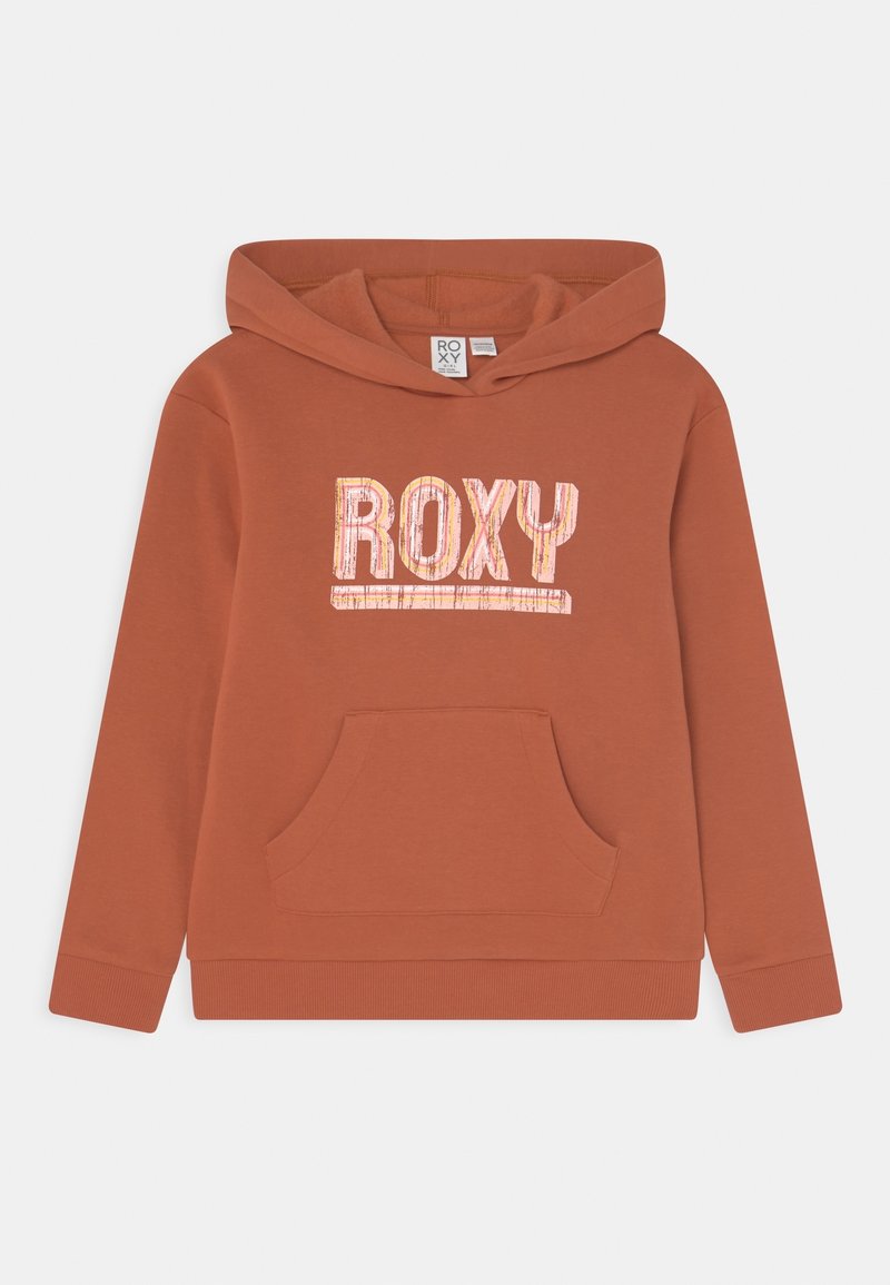 Sweat à capuche couleur rouille avec poche kangourou à l'avant et texte "ROXY" imprimé en blanc et rose vieilli sur la poitrine.