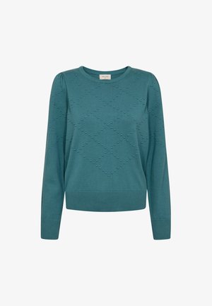 Teal stickad tröja med rund halsringning, långa ärmar och texturerat diamantmönster med upphöjda bobbler. Ribbad nederkant och ärmslut.