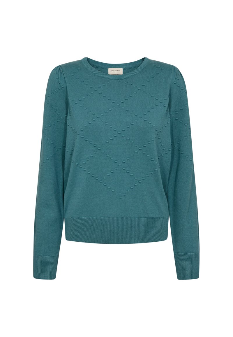 Teal stickad tröja med rund halsringning, långa ärmar och texturerat diamantmönster med upphöjda bobbler. Ribbad nederkant och ärmslut.