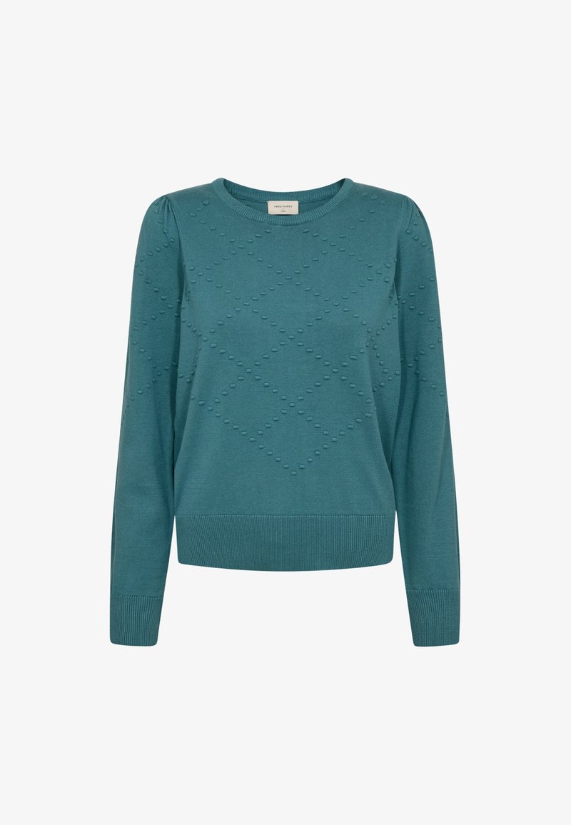 Teal stickad tröja med rund halsringning, långa ärmar och texturerat diamantmönster med upphöjda bobbler. Ribbad nederkant och ärmslut.