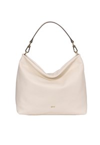 Cream leather handbag with a slouchy shape, featuring a curved top, a thin metal handle, and subtle branding in gold at the front.