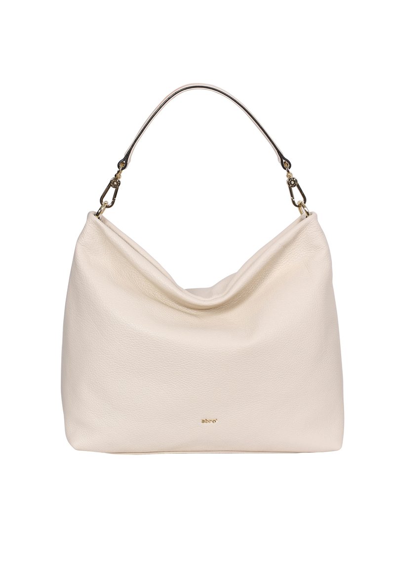 Cream leather handbag with a slouchy shape, featuring a curved top, a thin metal handle, and subtle branding in gold at the front.