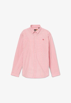 Overhemd met lange mouwen en knopen, voorzien van roze en witte verticale strepen en het Timberland-logo geborduurd op de linkerborst.