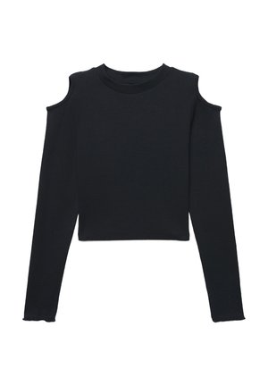 Top corto nero a maniche lunghe con ritagli sulle spalle, materiale morbido, scollo rotondo e dettagli grezzi sulle maniche.