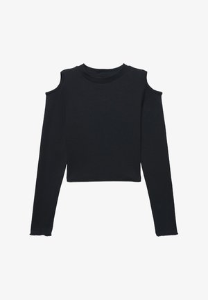 Czarny krótki top z długim rękawem z dekoltem typu cold shoulder, wykonany z miękkiego materiału, z okrągłym dekoltem i surowym wykończeniem rękawów.