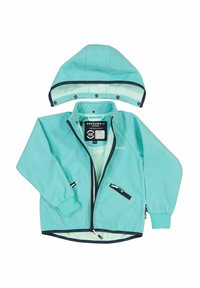 Vaaleansininen fleece-takki, jossa on irrotettava huppu, etuvetoketju ja kaksi vetoketjullista taskua. Huomiota herättäviä yksityiskohtia ovat laivastonsiniset yksityiskohdat ja brändäys.