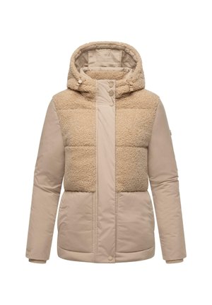 Beige puffer jacket with a fluffy sherpa upper panel, smooth lower panel, adjustable hood, and front snap buttons. Soft texture throughout.