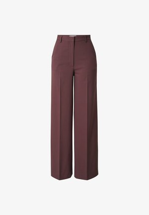 Wide-leg trousers in dark burgundy fabric, featuring a high waist, seam detailing, and a clean front. Smooth texture with crisp lines.
