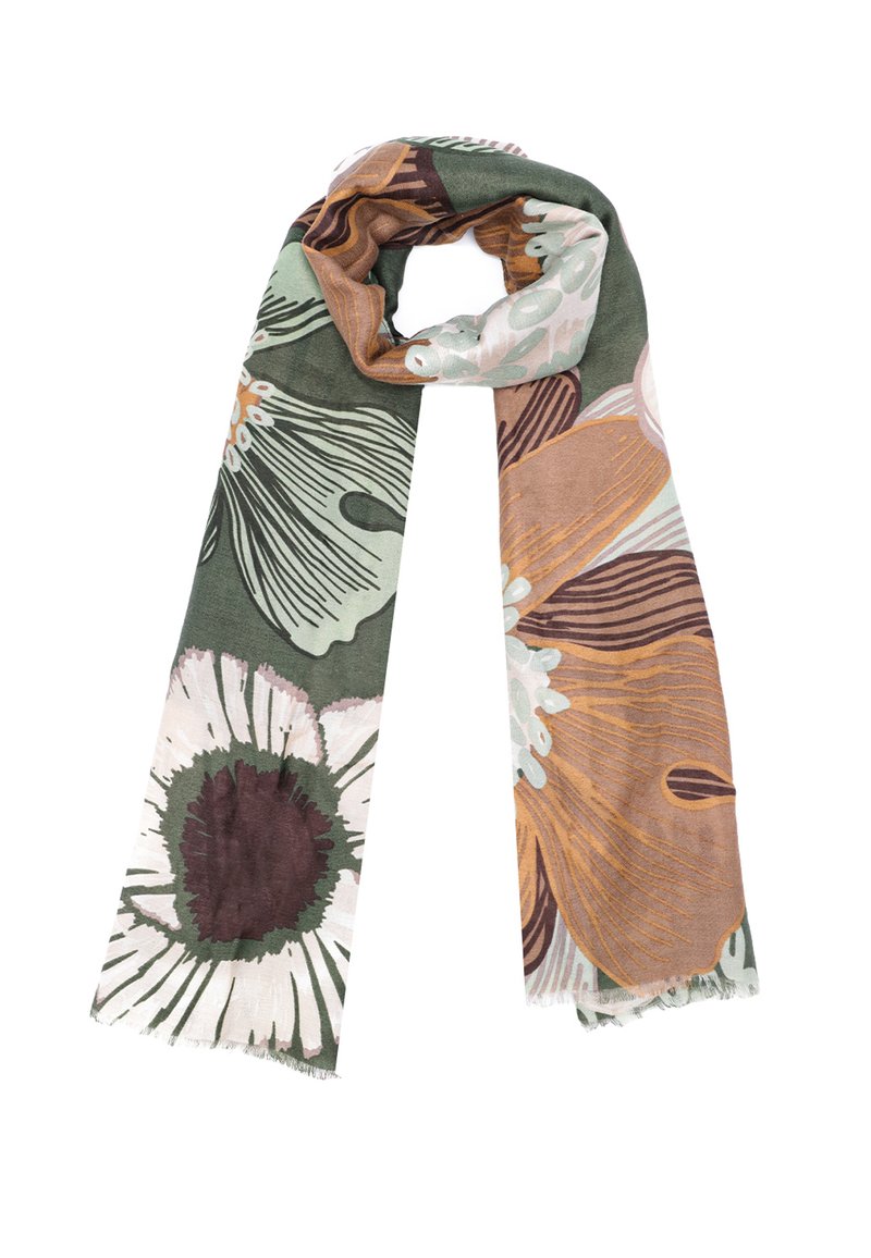 Sciarpa con grandi motivi floreali in tonalità di verde, marrone, beige e bianco, con bordi frangiati e una texture di tessuto morbido.
