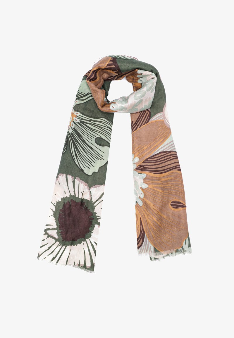 Sciarpa con grandi motivi floreali in tonalità di verde, marrone, beige e bianco, con bordi frangiati e una texture di tessuto morbido.