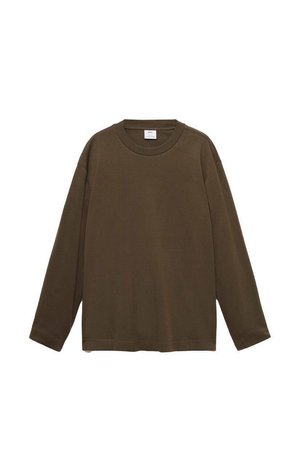 Brown long-sleeve shirt with a round neck and a relaxed fit. Made of soft fabric, features dropped shoulders and minimal seams.