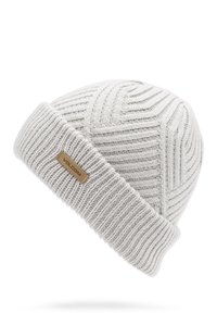 Bonnet en tricot gris clair avec une texture côtelée et un motif en chevrons. Présente un badge logo Volcom brodé sur le revers. 