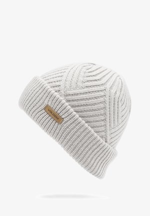 Bonnet en tricot gris clair avec une texture côtelée et un motif en chevrons. Présente un badge logo Volcom brodé sur le revers.