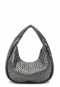 Sac en cuir gris tressé de forme arrondie, doté d'une sangle torsadée et d'un design sans couture, mettant en valeur sa texture et son artisanat minutieux.