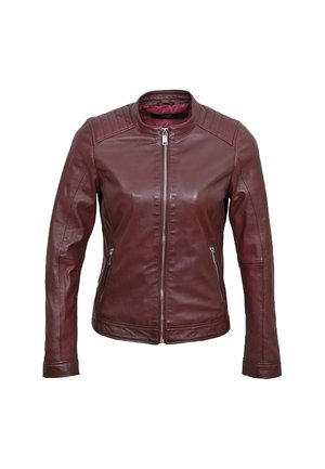 Burgundowa skórzana kurtka z zamek błyskawicznym, żeberkowe akcenty na ramionach, dwa boczne kieszenie na zamek oraz gładkie wykończenie. Dopasowany krój.