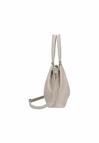 Bolso de cuero beige con un diseño informal, doble asa y correa de hombro ajustable. Textura suave con sutiles detalles de costura.