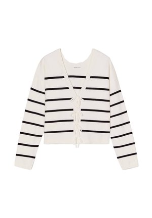 Pull court blanc avec des rayures horizontales noires, doté d'un décolleté en V et d'une fermeture à nouer à l'avant avec un tissu texturé.