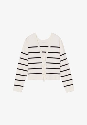 Weißer, verkürzter Pullover mit schwarzen horizontalen Streifen, ausgestattet mit einem V-Ausschnitt und einer Bindeschließe vorne aus strukturiertem Stoff.