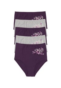 Set di cinque mutande in cotone colorate in viola e grigio. Presenta dettagli di ricami floreali sulla parte anteriore delle mutande viola. Tessuto morbido e elasticizzato.