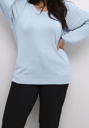 Light blue sweater with horizontal ribbed texture on sleeves, soft knit body, round neckline, and fitted cuffs. Worn with black pants.