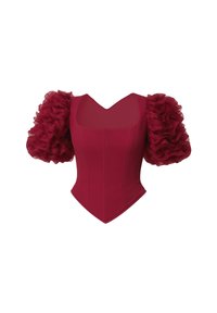 Czerwony body o dopasowanym kroju, z kwadratowym dekoltem i krótkimi, falbaniastymi rękawkami z organzy. Gładka faktura z wyraźnie zarysowanymi szwami.