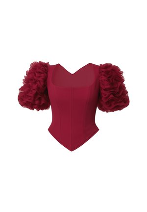 Czerwony body o dopasowanym kroju, z kwadratowym dekoltem i krótkimi, falbaniastymi rękawkami z organzy. Gładka faktura z wyraźnie zarysowanymi szwami.
