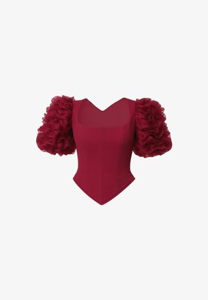 Rode bodysuit met een aansluitend ontwerp, vierkante halslijn en korte, gerimpelde mouwen van organza. Gladde textuur met gestructureerde naden.