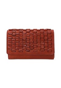 Brun læderpung med et tekstureret vævet mønster, i en rektangulær form med en glat finish. Lukker med en klap.