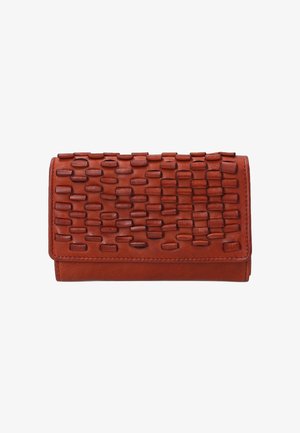 Brown leather wallet featuring a textured woven pattern, with a rectangular shape and a smooth finish. Closes with a flap.
