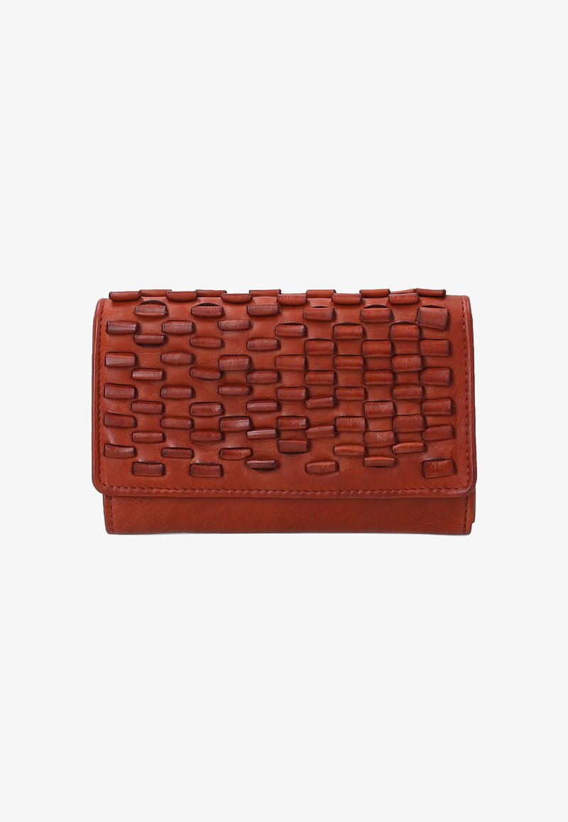 Brown leather wallet featuring a textured woven pattern, with a rectangular shape and a smooth finish. Closes with a flap.