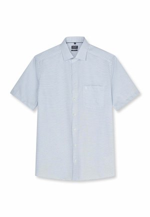 Hellblaues Kurzarmhemd mit Knopfleiste, dezenten weißen und dunkleren blauen horizontalen Streifen und klassischem Kragen.