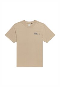 Beige T-Shirt mit kurzen Ärmeln aus Baumwolle, Rundhalsausschnitt; verfügt über das schwarze Logo "ELEMENT SKATEBOARD CO." auf der linken Brust.