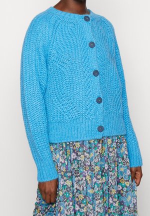 Osoba ubrana w niebieski, gruby kardigan z dużymi, ciemnymi guzikami, noszony na plisowanej, kwiecistej spódnicy w odcieniach niebieskiego, fioletu, żółci i bieli.