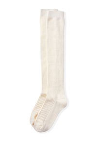 Calcetas color crema hasta la rodilla, hechas de algodón ribeteado, con una textura suave y un diseño clásico con sutiles rayas verticales.