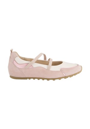 Light pink and white flat shoe with thin crisscross straps and a rubber sole, designed for casual wear.
