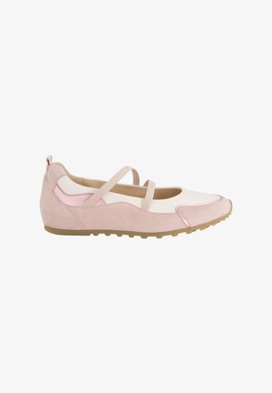 Light pink and white flat shoe with thin crisscross straps and a rubber sole, designed for casual wear.