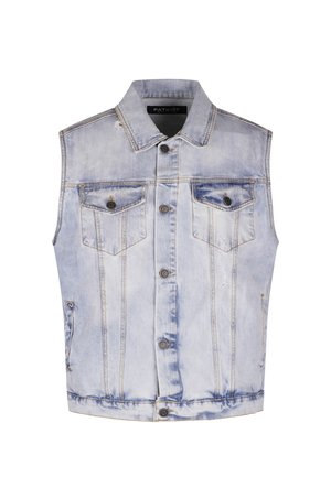 Jasnoniebieska bezrękawnikowa kamizelka jeansowa z zapięciem na guziki z przodu, dwoma kieszeniami na klatce piersiowej z patkami i guzikami oraz spiczastym kołnierzem.