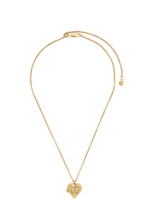 Naszyjnik z złotym łańcuszkiem z serduszkową zamkniętą zawieszką z wygrawerowanym napisem "Forget Me Not" oraz drobnymi kwiatowymi zdobieniami na białym tle.