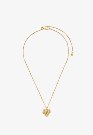 Kultainen ketjukaulakoru, jossa on sydämenmuotoinen riipus, johon on kaiverrettu teksti "Älä unohda minua" ja pieniä kukkakuvioita valkoisella taustalla.