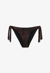 Braguita de bikini con estampado de leopardo y forro negro, con dos lazos ajustables en los laterales para un ajuste personalizado. Textura suave.