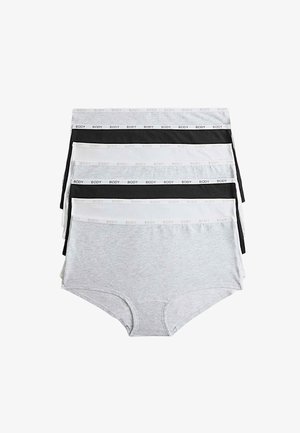 Stak af fem kvinders trusser med høj talje i grå, sort og hvid med elastiske linninger mærket "BODY" på en hvid baggrund.