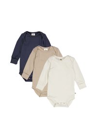 Tři body s dlouhým rukávem v námořnické, béžové a bílé barvě. Vyrobené z měkké bavlny se zavíráním na patentky v dolní části a žebrovanými manžetami.
