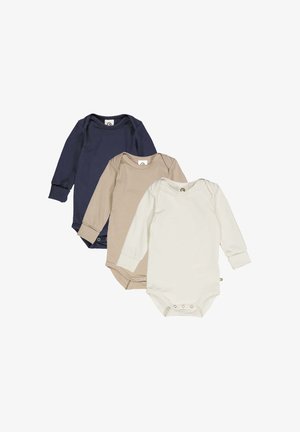 Tre bodysuit a maniche lunghe nei colori blu navy, beige e bianco. Realizzati in morbido cotone con chiusure a scatto sul fondo e polsini a costine.