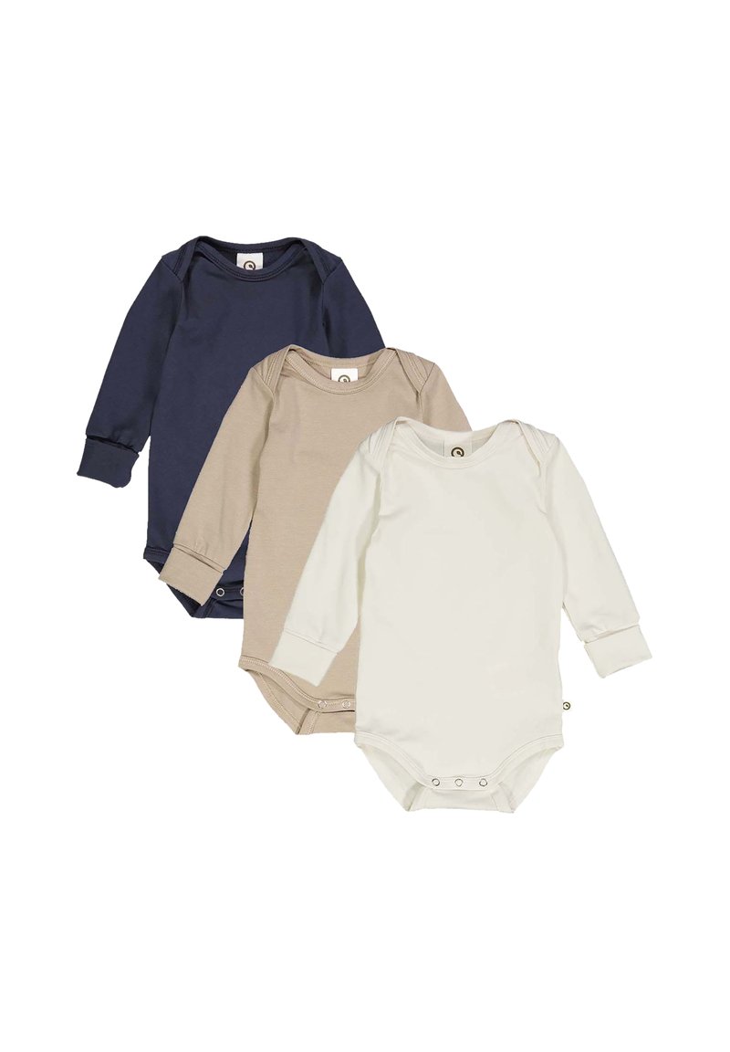 Tři body s dlouhým rukávem v námořnické, béžové a bílé barvě. Vyrobené z měkké bavlny se zavíráním na patentky v dolní části a žebrovanými manžetami.