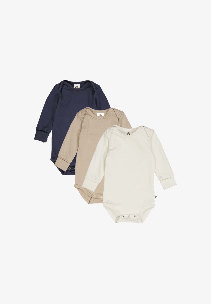 Trzy bodysuki z długim rękawem w kolorach granatowym, beżowym i białym. Wykonane z miękkiej bawełny, z zatrzaskami na dole i ściągaczami przy rękawach.