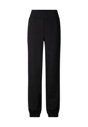 Black high-waist sweatpants with elastic cuffs and side seams, displayed front view on a white background.